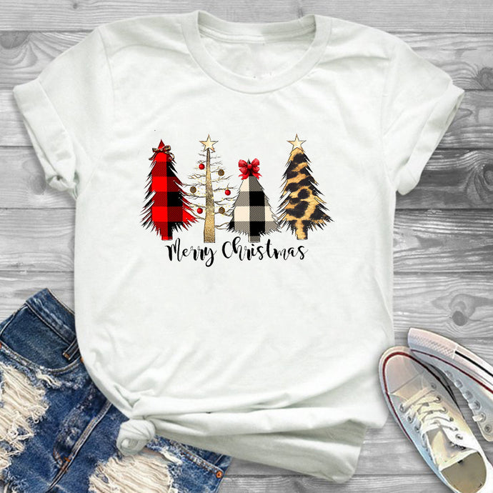 Women Leopard Plaid Tree New Year Fashion Clothing Merry Christmas Womens Female Graphic T Shirt T-Shirt Tee Shirt Tees T-shirts